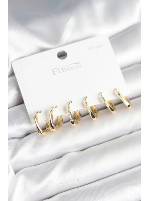 Gold Renk Pirinç Kare Halka Model 925 Ayar Gümüş Çivili Kadın Küpe Seti