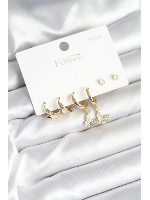 Gold Renk Pirinç Kelebek Model 925 Ayar Gümüş Çivili Kadın Küpe Seti