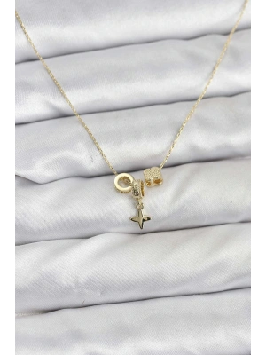 Gold Renk Pirinç Minimal Charmlı Kadın Kolye