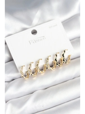 Gold Renk Pirinç Zikzak Model 925 Ayar Gümüş Çivili Kadın Küpe Seti