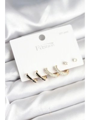 Gold Renk Pirinç Zirkon Taşlı 925 Ayar Gümüş Çivili Kadın Küpe Seti