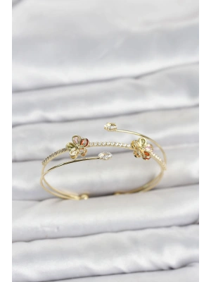 Gold Renk Pirinç Zirkon Taşlı Çiçek Model Kadın Bileklik
