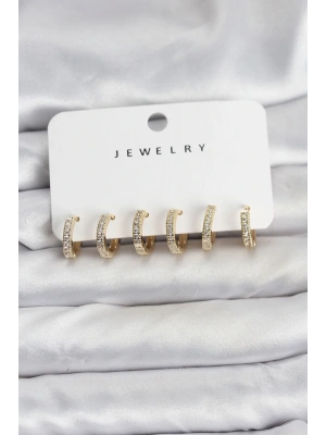 Gold Renk Pirinç Zirkon Taşlı Halka Kadın Küpe Seti