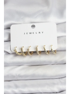 Gold Renk Pirinç Zirkon Taşlı Kadın Küpe Seti