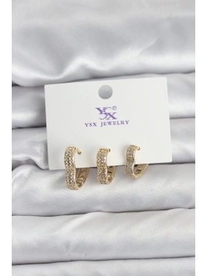 Gold Renk Pirinç Zirkon Taşlı Kalpli Kadın Küpe