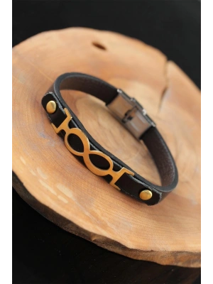 Gold Renk Sonsuzluklu Metal Aksesuarlı Siyah Deri Erkek Bileklik