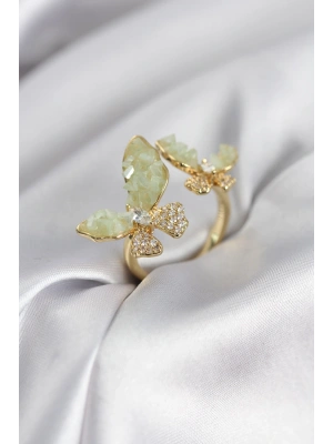 Gold Renk Su Yeşili Kelebek Model Zirkon Taşlı Kadın Yüzük