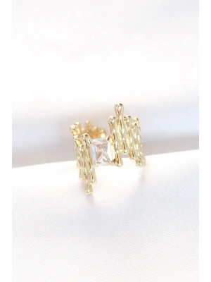 Gold Renk Tırtıklı Kalın Baget Taş Tasarım Ayarlanabilir Yüzük