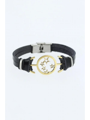Gold Renk Yıldız Figürlü Metal Aksesuarlı Siyah Renk Deri Erkek Bileklik