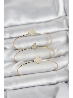 Gold Renk Yonca Model Zirkon Taşlı 3lü Kadın Bileklik Kombini