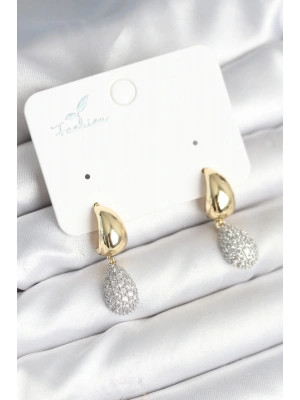 Gold Renk Zirkon Taşlı Damla Pirinç Kadın Küpe