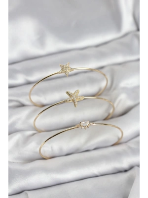 Gold Renk Zirkon Taşlı Deniz Yıldızı Model 3lü Kadın Bileklik Kombini