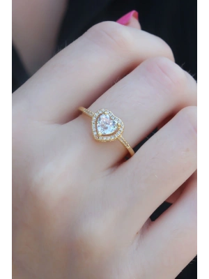 Gold Renk Zirkon Taşlı Kalp Model Charm Pirinç Kadın Yüzük