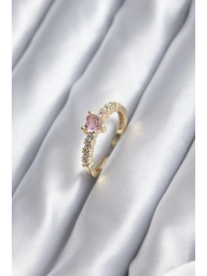 Gold Renk Zirkon Taşlı Pembe Kristal Kalp Model Kadın Yüzük