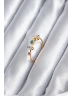 Gold Renk Zirkon Taşlı Renkli Zirkon Taşlı Kadın Yüzük