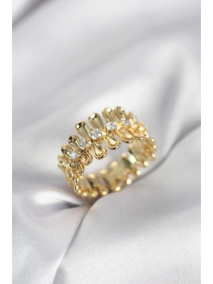 Gold Renk Zirkon Taşlı Sıralı Damla Model Kadın Yüzük