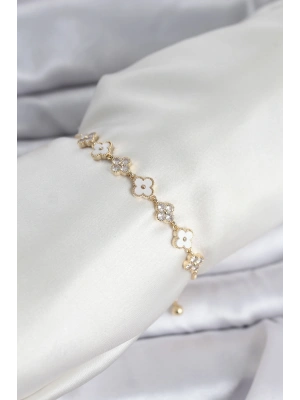 Gold Renk Zirkon Taşlı Sıralı Yonca Model Asansörlü Kadın Bileklik