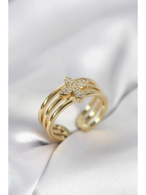Gold Renk Zirkon Taşlı Yonca Model Kadın Yüzük