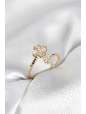Gold Renk Zirkon Taşlı Yonca Model Kadın Yüzük