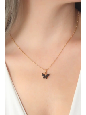 Gold Siyah Renk Kelebek Figür Kadın Kolye
