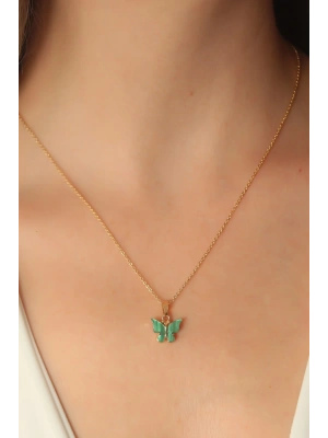 Gold Yeşil Renk Kelebek Figür Kadın Kolye
