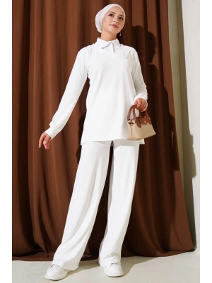 Gömlek Yaka Fitilli Salaş İkili Takım beyaz T4300