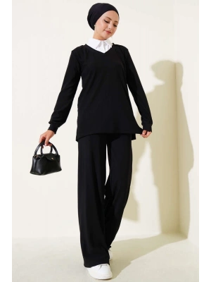 Gömlek Yaka Fitilli Salaş İkili Takım siyah T4300