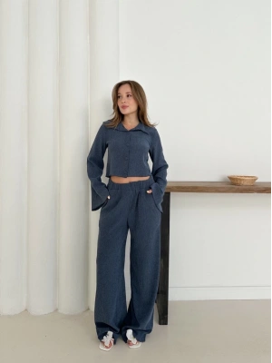 Gömlek yaka kaplama düğmeli takım lacivert st265866