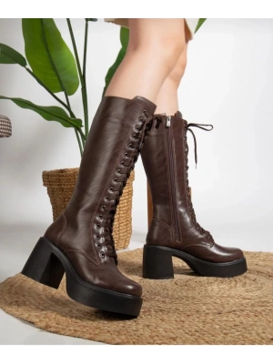 Guay Kahverengi Cilt Bağcıklı Topuklu Çizme