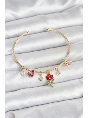 Gül Charmlı Gold Renk Pirinç Kadın Bileklik