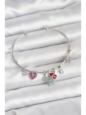 Gül Charmlı Gümüş Renk Pirinç Kadın Bileklik