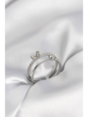 Gümüş Renk 2li Zirkon Taşlı Kelebek Model Kadın Yüzük