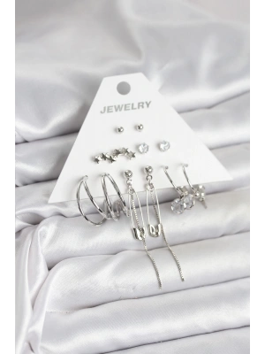 Gümüş Renk 6lı Pirinç Küpe Seti