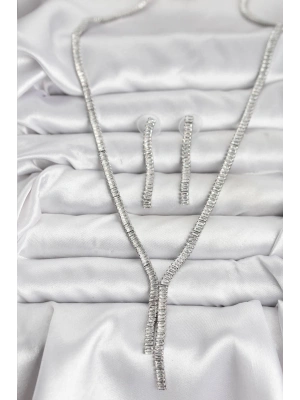 Gümüş Renk Baget Zirkon Taşlı Kadın Kolye Küpe Set