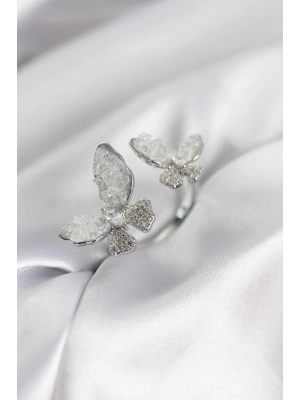 Gümüş Renk Beyaz Kelebek Model Zirkon Taşlı Kadın Yüzük