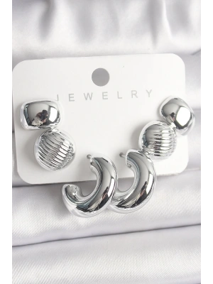 Gümüş Renk İşlemeli Daire Halka Model CCB Platik Kadın Küpe Seti