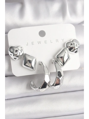 Gümüş Renk Kalp Halka Figür CCB Plastik Kadın Küpe Seti