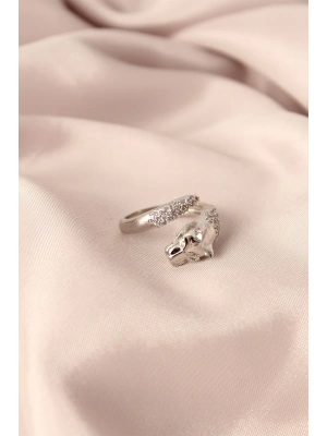 Gümüş Renk Metal Zirkon Taşlı Kaplan Model Ayarlanabilir Kadın Yüzük