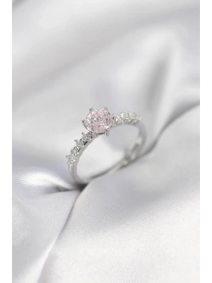 Gümüş Renk Pembe Tek Taş Model Zirkon Taşlı Kadın Yüzük