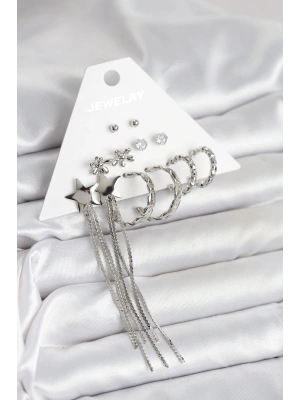 Gümüş Renk Pirinç 6 Çift Kadın Küpe Seti