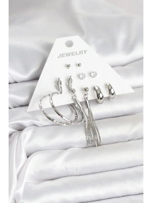 Gümüş Renk Pirinç 6 Çiftli Kadın Küpe Seti