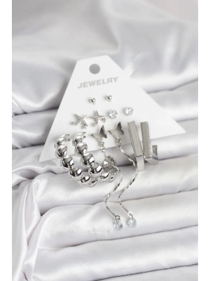 Gümüş Renk Pirinç 6lı Kadın Küpe Seti