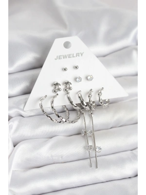 Gümüş Renk Pirinç 6lı Kadın Küpe Seti