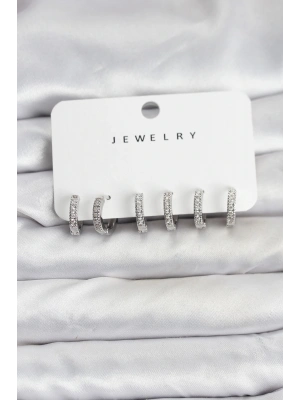 Gümüş Renk Pirinç Zirkon Taşlı Halka Kadın Küpe Seti