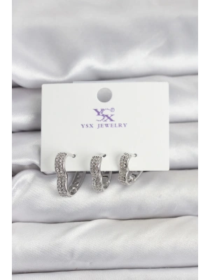 Gümüş Renk Pirinç Zirkon Taşlı Kalpli Kadın Küpe