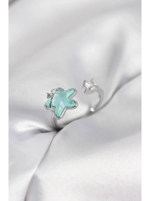 Gümüş Renk Turkuaz Yıldız Model Kadın Yüzük