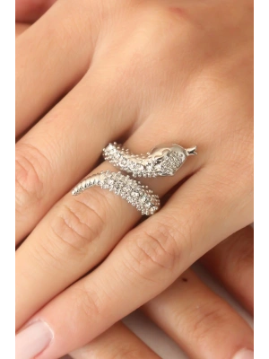 Gümüş Renk Zirkon Taşlı Ayarlanabilir Kadın Yılan Yüzük