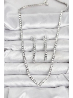 Gümüş Renk Zirkon Taşlı Kadın Kolye Küpe Seti