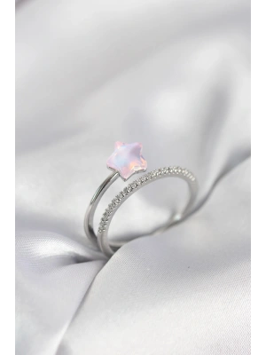 Gümüş Renk Zirkon Taşlı Pembe Halley Model Kadın Yüzük