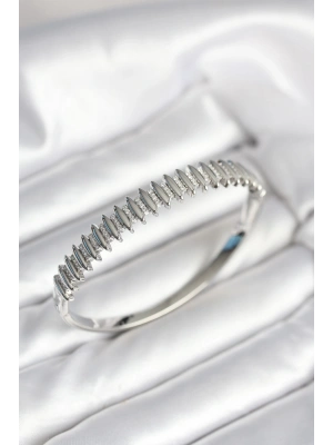 Gümüş Renk Zirkon Taşlı Pirinç Kadın Kelepçe